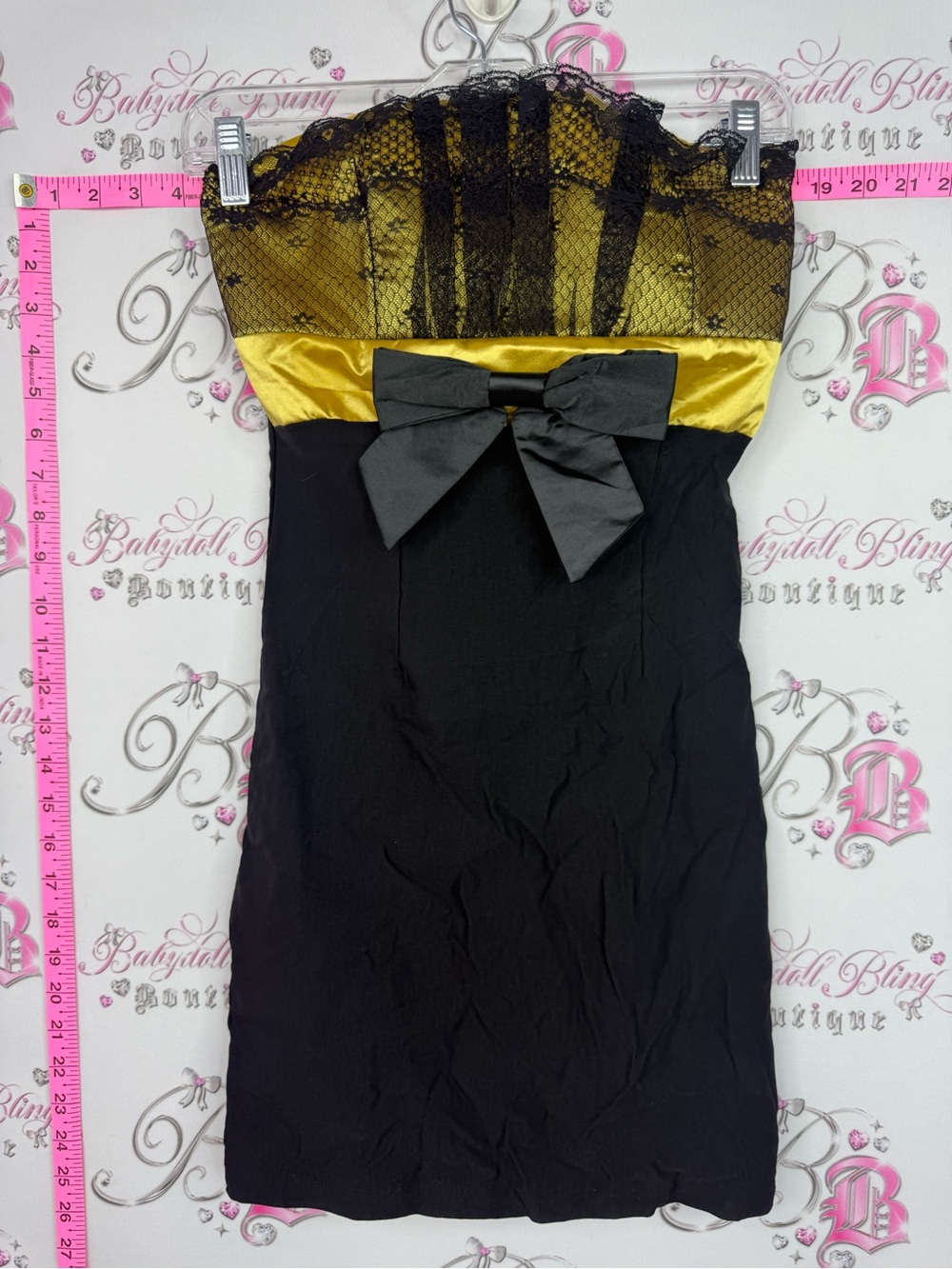Seductions Strapless Black Dress with Gold Lace Bodice and Black Bow